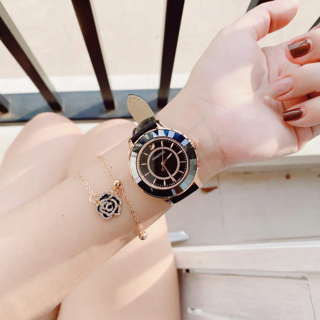 Swarovski Octea Lux Black Dial Black Leather Strap Women's Watch 5414410
