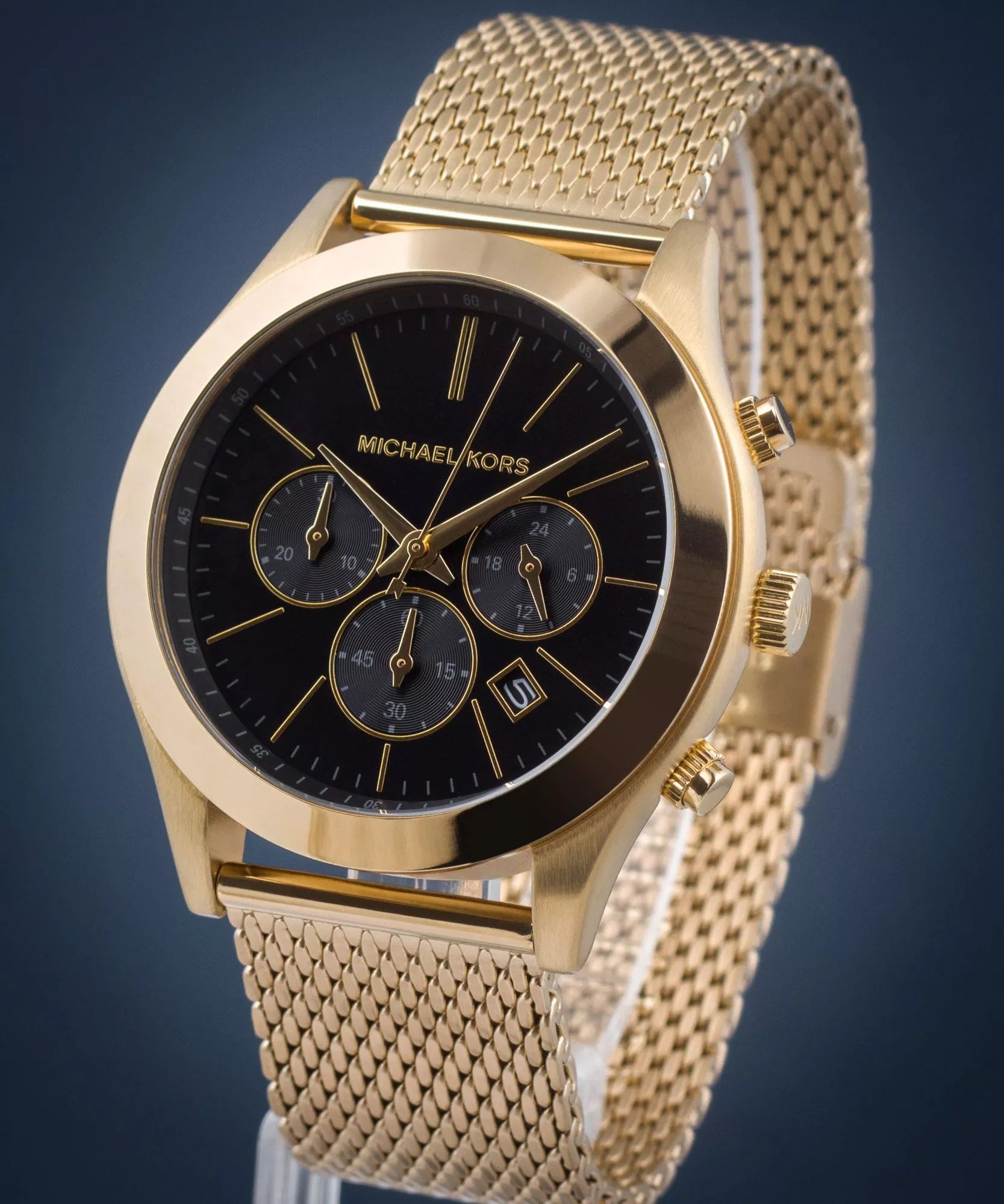 Michael Kors Slim Runway Chronograph Black Dial Gold Mesh Men's Watch - MK9057