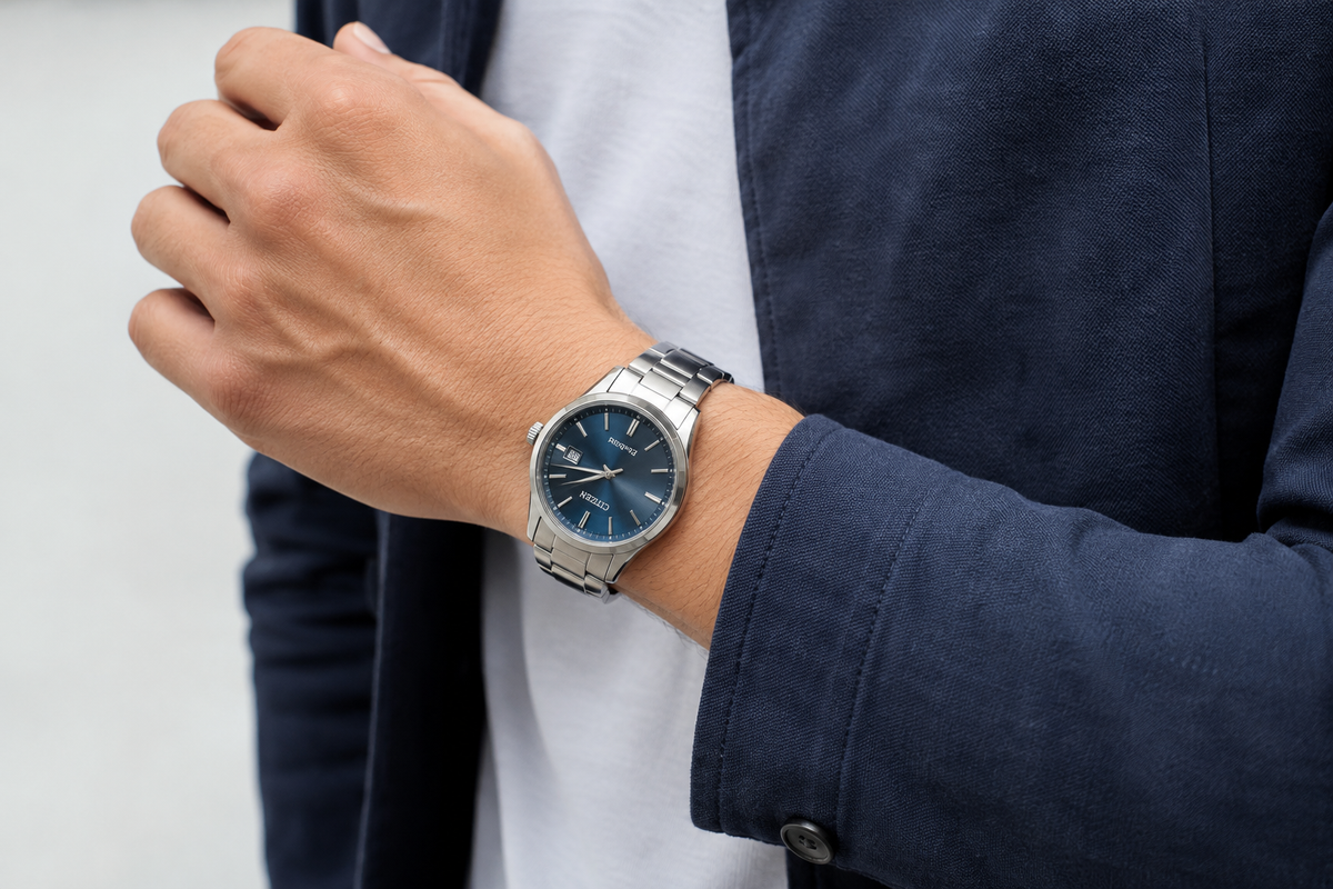 A man showcasing a blue watch on his wrist, highlighting its design and color.