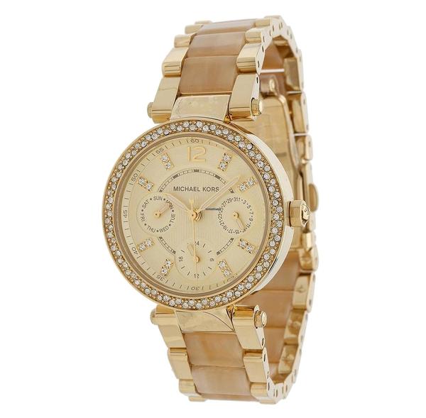 Michael Kors Parker Multi-Function Champagne Dial Gold-tone and Horn Accetate Ladies Watch MK5842