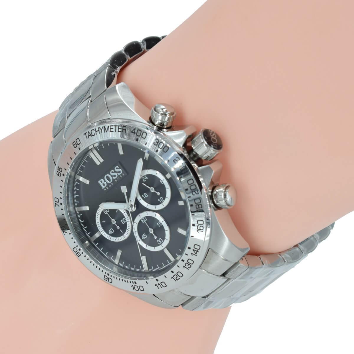 Hugo Boss Ikon chronograph black dial watch worn on wrist