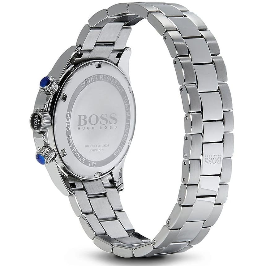 Hugo Boss Ikon watch side profile showing silver steel bracelet and case design