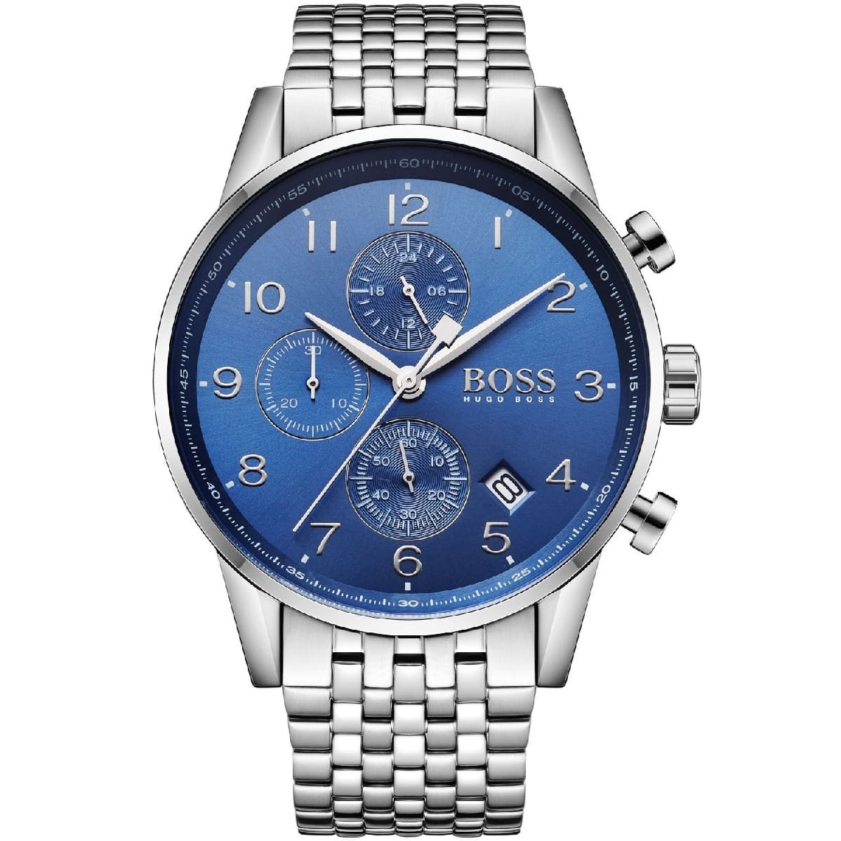 Silver watch with blue dial on a white background