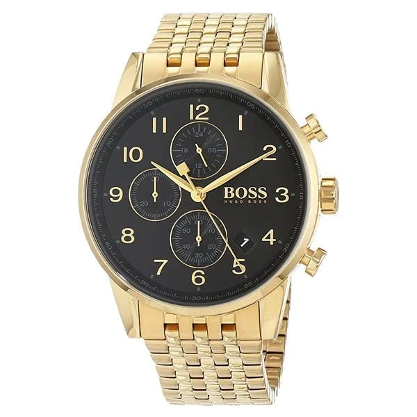 Hugo Boss Navigator Chronograph Black Dial Gold Steel Strap Watch - 1513531