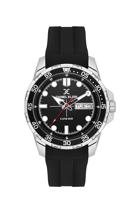 Daniel Klein Premium Day Date Window Black Dial and Silicone Silver Watch - DK.1.13911-1
