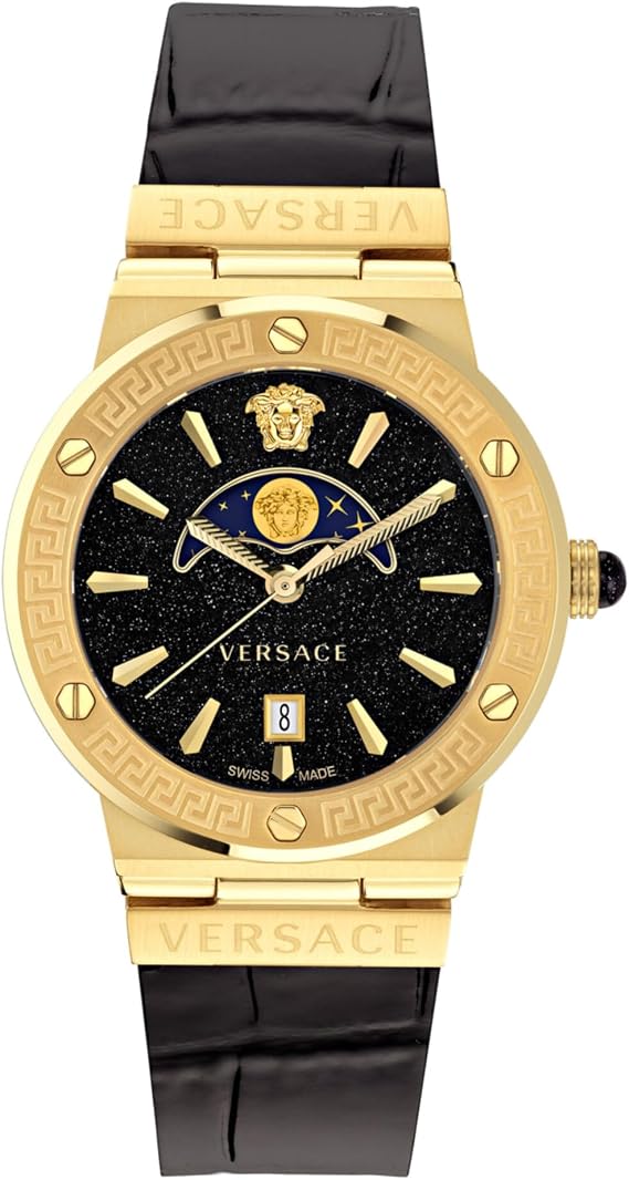 Versace men's watch featuring a gold-tone case, a black starry dial with a gold Medusa emblem and crescent moon design, and a black leather strap.