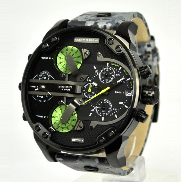 Diesel Big Daddy DZ7311 316L stainless steel & leather strap 3ATM (30m) water resistant 4 Time zones (GMT)