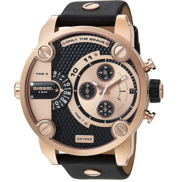 Diesel Little Daddy DZ7282 316L rose gold stainless steel & leather strap 3ATM (30m) water resistant Dual Time zones (GMT)