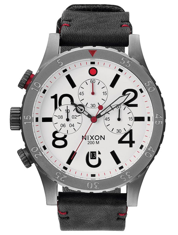 Nixon 48-20 Chronograph White Dial Black Leather Strap Men's Watch Men's Watch  A363-486 - The Watches Men & CO