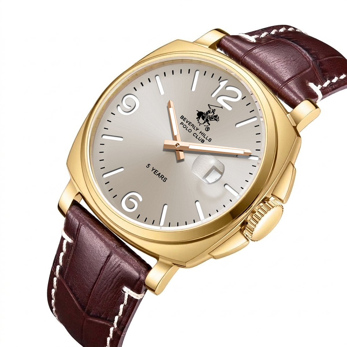 A men's luxury watch featuring a polished gold-tone case, a silver dial with gold-tone hands and numerals, and a dark brown leather strap with white contrast stitching.