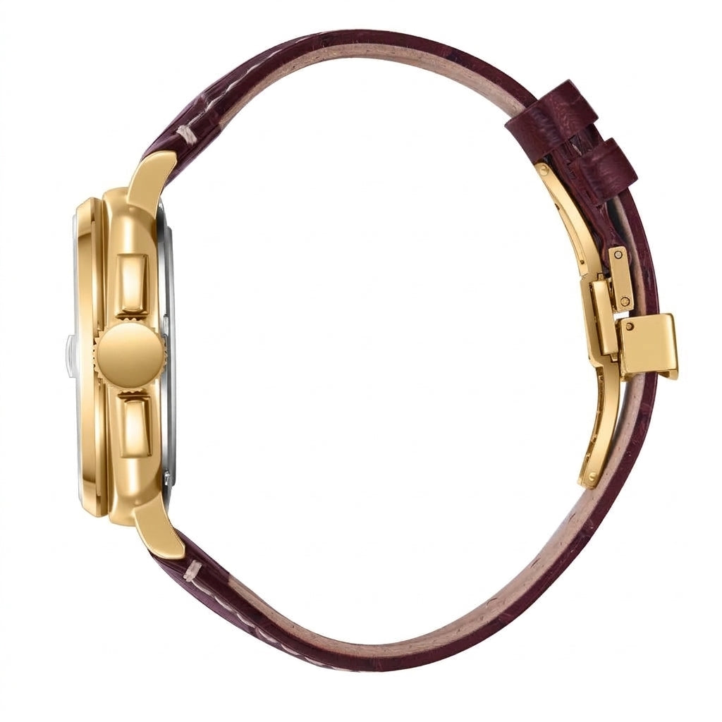 Watch with brown leather strap and rose gold case on a white background