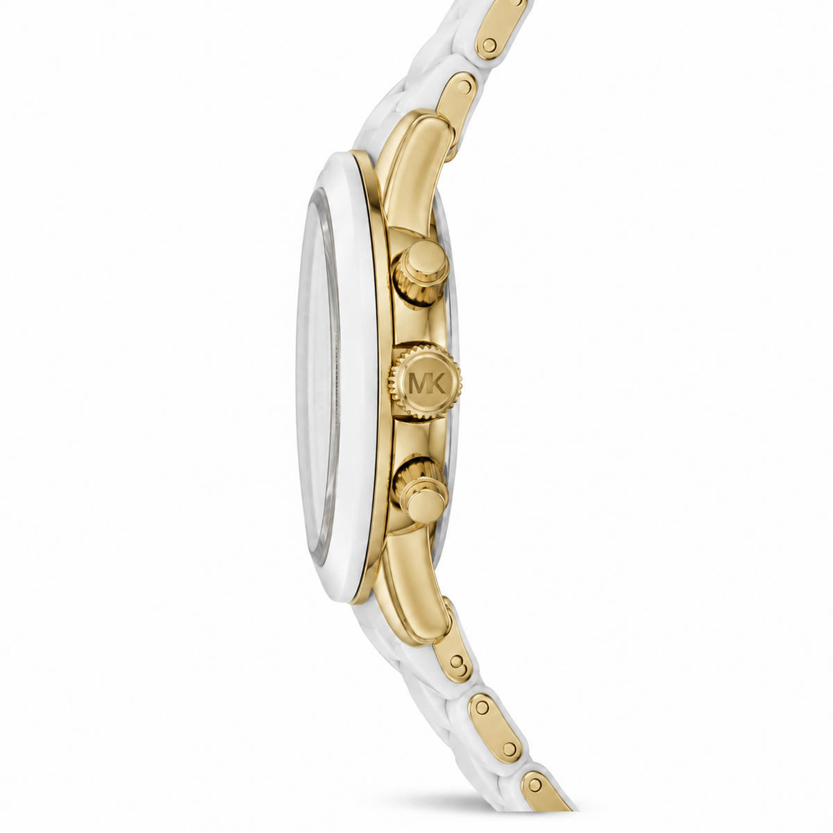 A close-up side profile of a Michael Kors watch featuring a white ceramic link bracelet, a silver-toned case, and gold-tone accents, including the crown with an engraved MK logo.