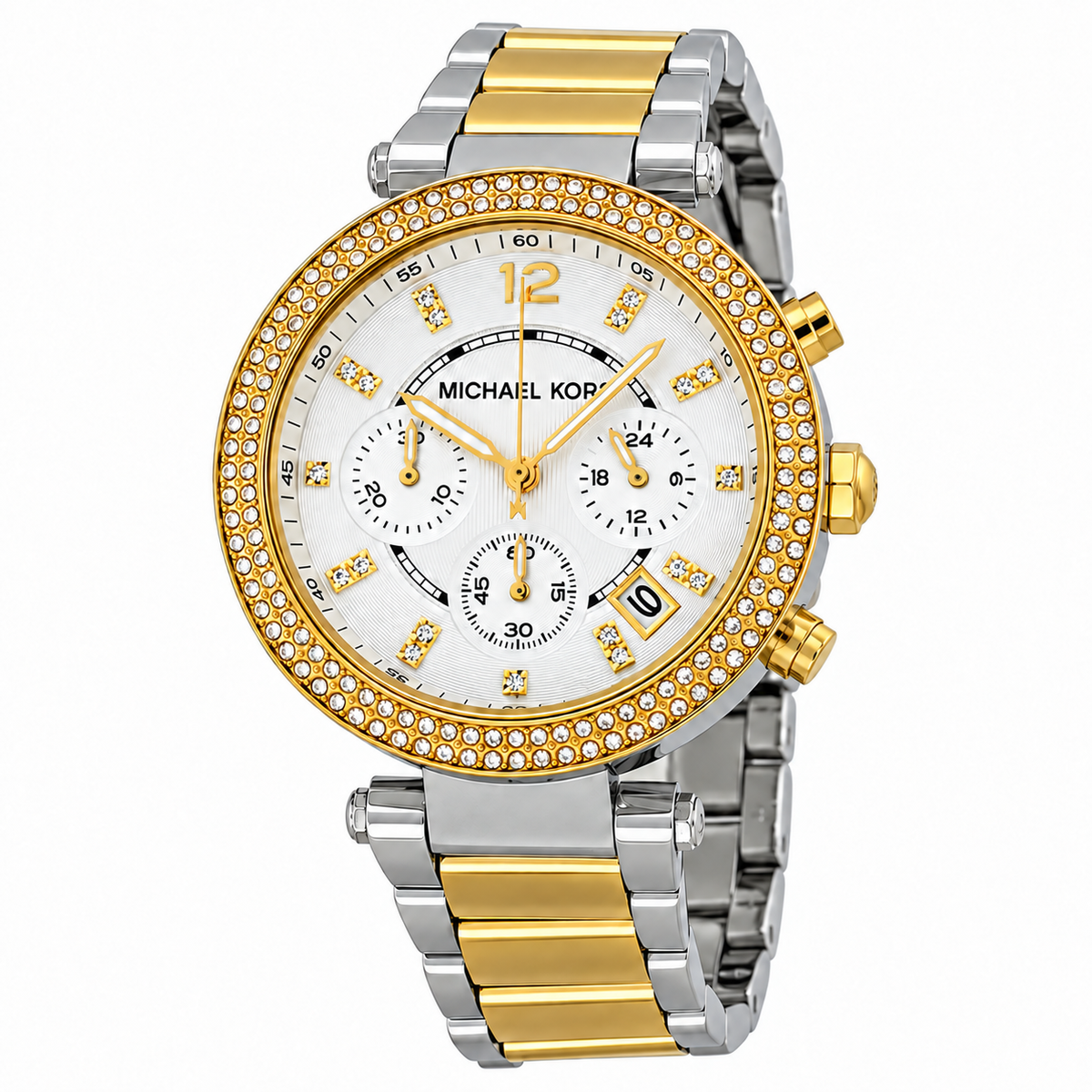 Michael Kors two-tone stainless steel and gold chronograph watch with a crystal-studded bezel and white dial, shown on a clean white background.