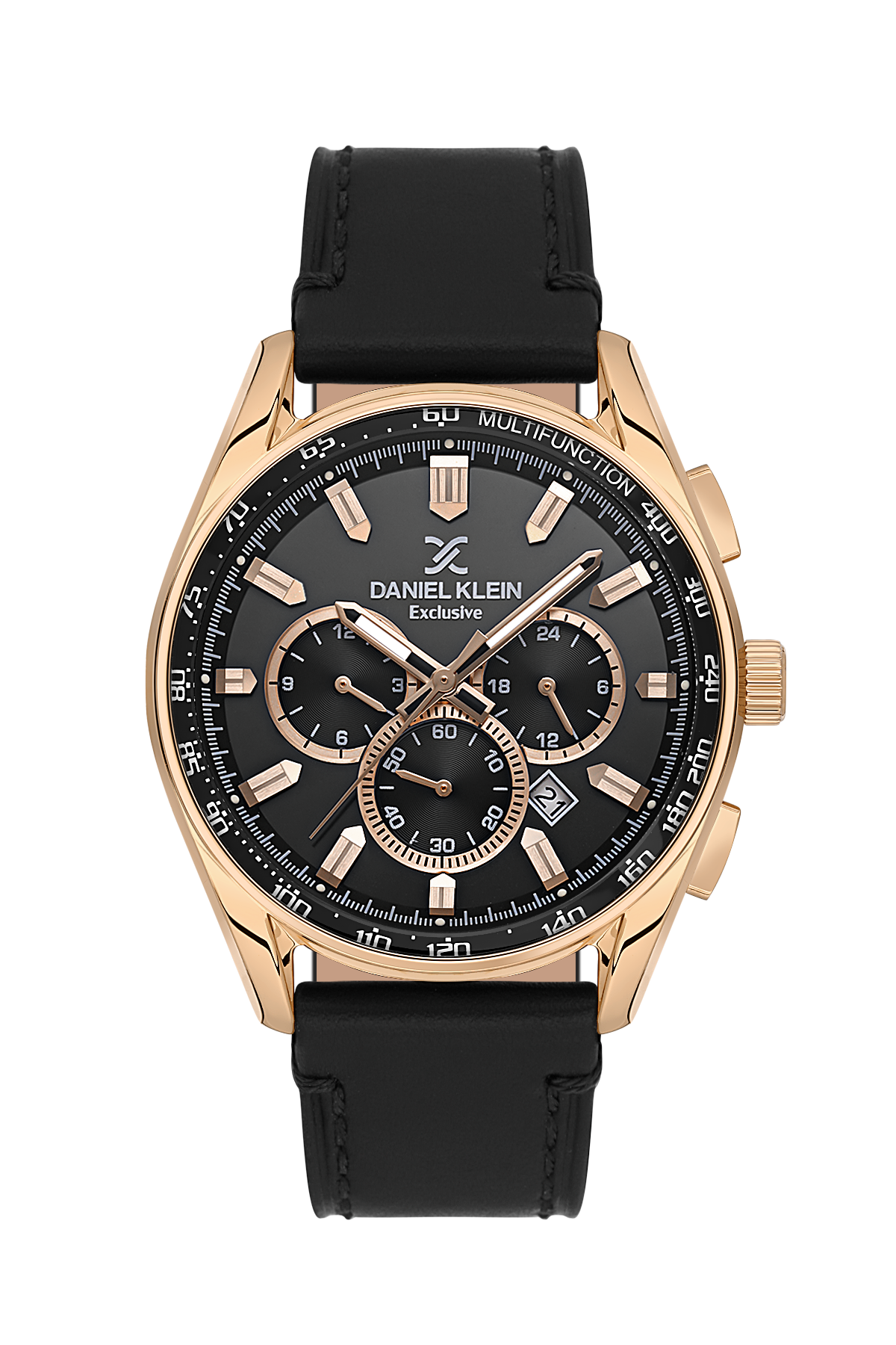 Daniel Klein Exclusive Black Dial and Genuine Leather Strap Rose Gold Watch - DK.1.13902-3