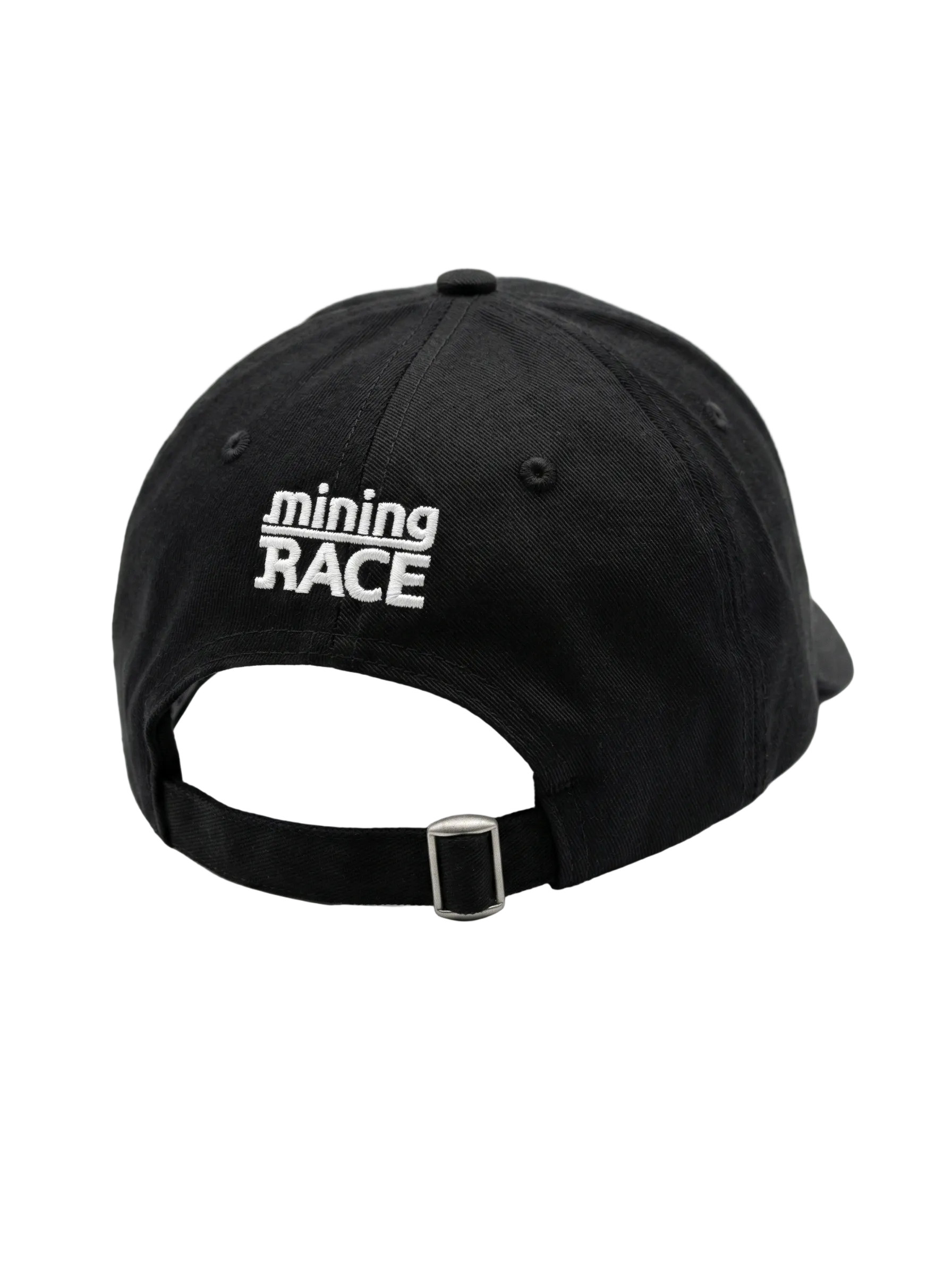 Black cap with 'mining RACE' text on a white background