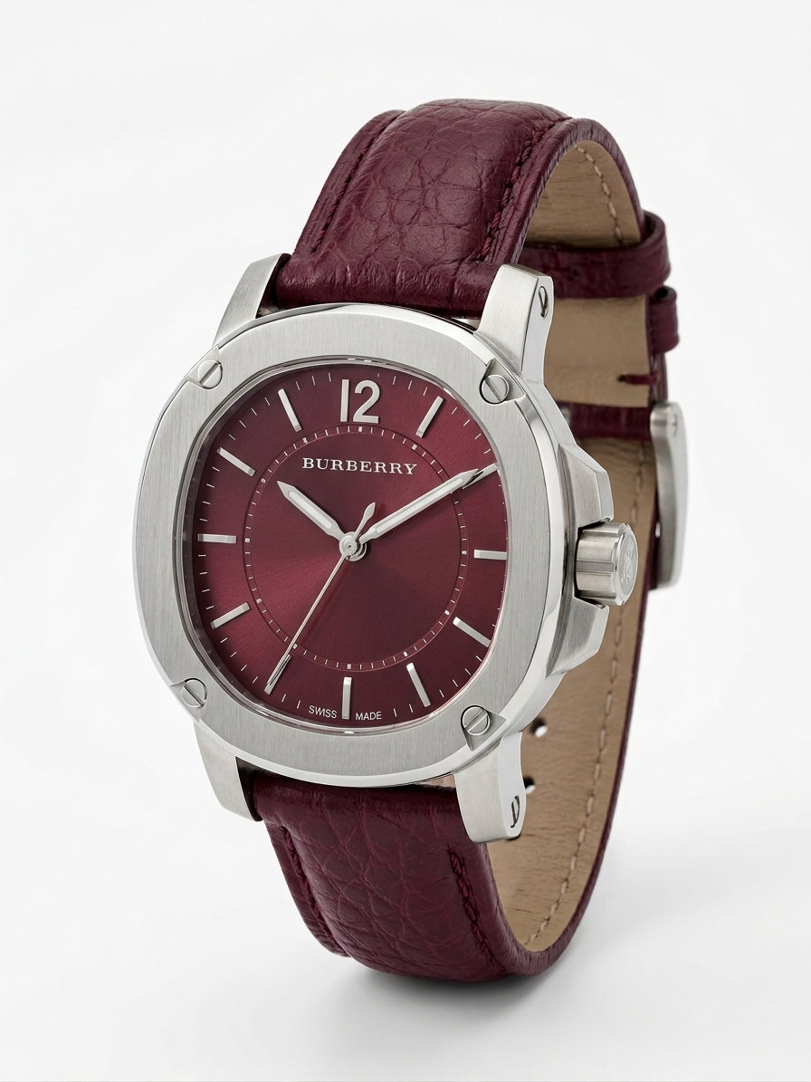 Burberry The Britain Brushed Case Magenta Burgundy Dial Burgundy Leather BBY1715