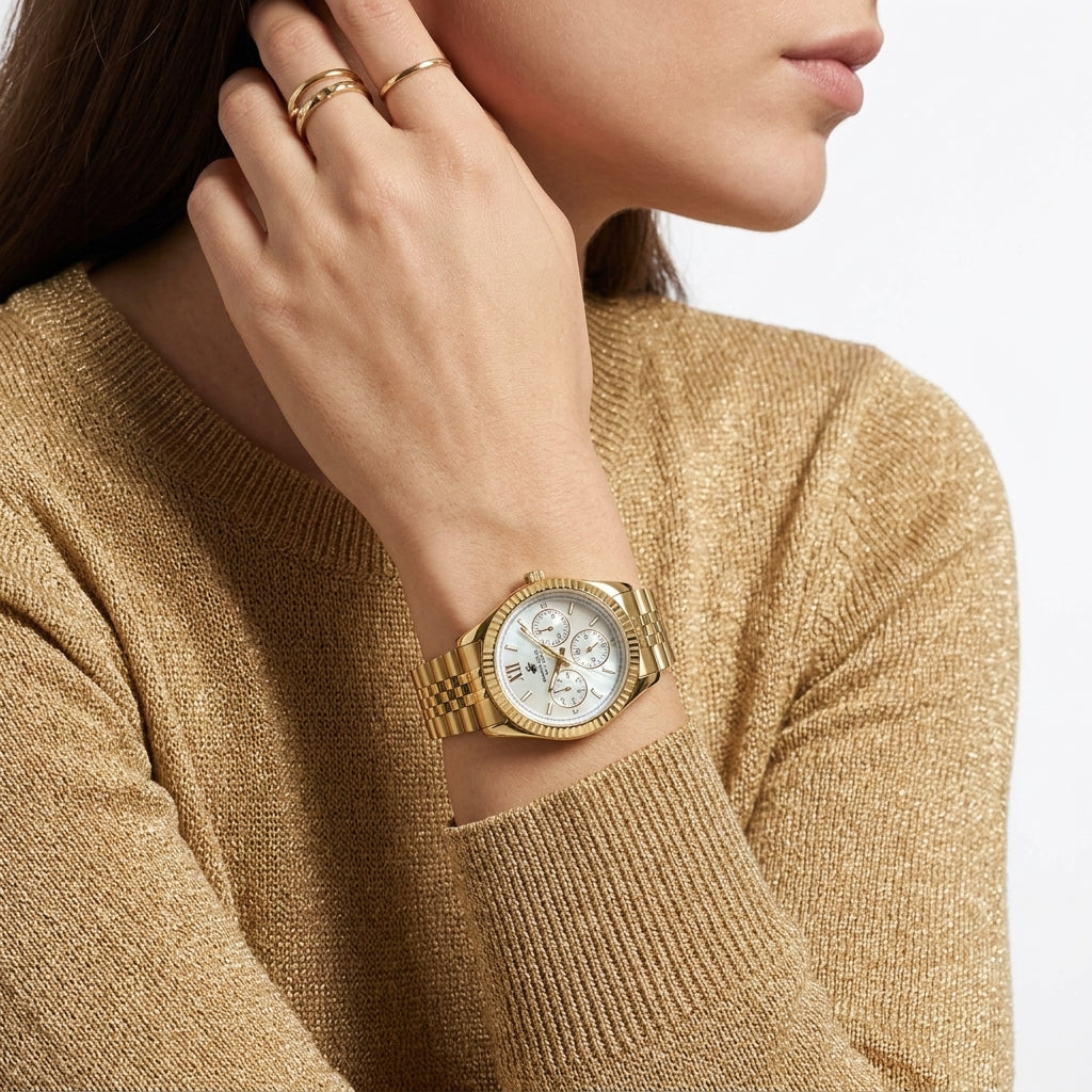 Beverly Hills Polo Club Multifunction Mother Pearl Gold Watch - BP3169C.121