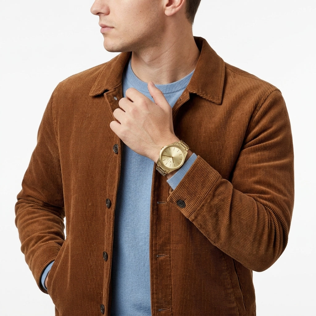 A man wearing a brown corduroy jacket over a light blue crewneck sweater, accessorized with a gold-tone watch on his wrist, set against a plain white background.