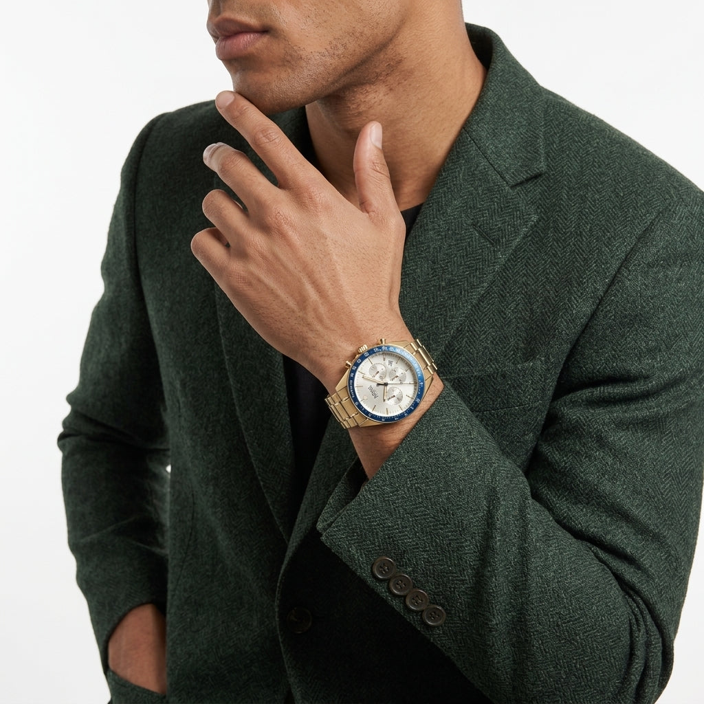 A man wearing a dark green textured blazer and a gold-tone wristwatch with a blue bezel and white dial, posed against a clean white background.