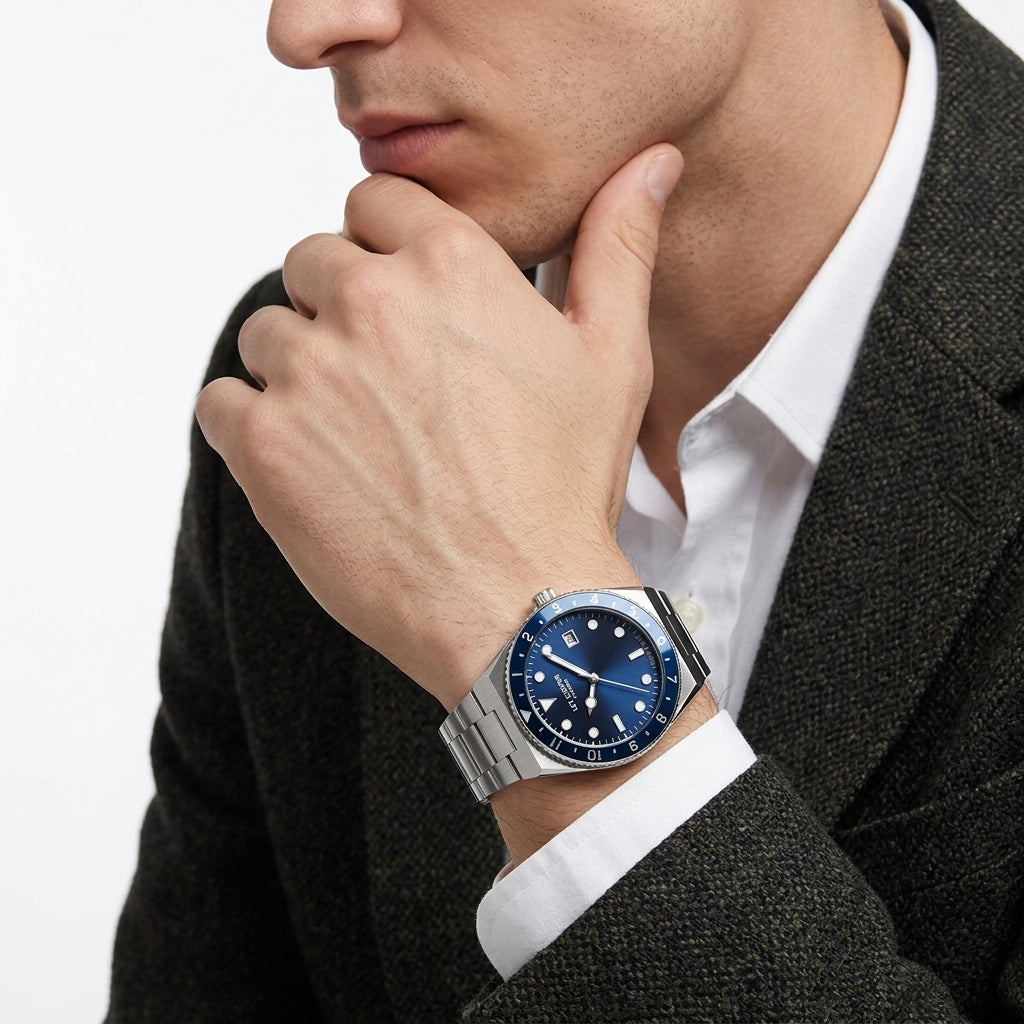 Lee Cooper Business Date Window Blue Dial Silver Watch - LC08284.390