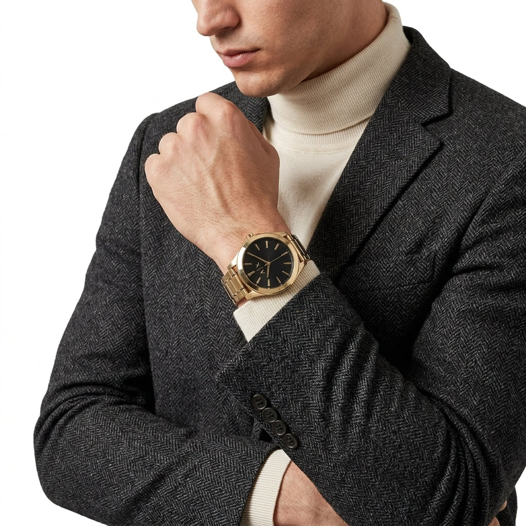 A man wearing a gold-tone wristwatch with a black dial and matching gold-tone bracelet, styled with a cream turtleneck and a dark gray herringbone blazer against a white background.