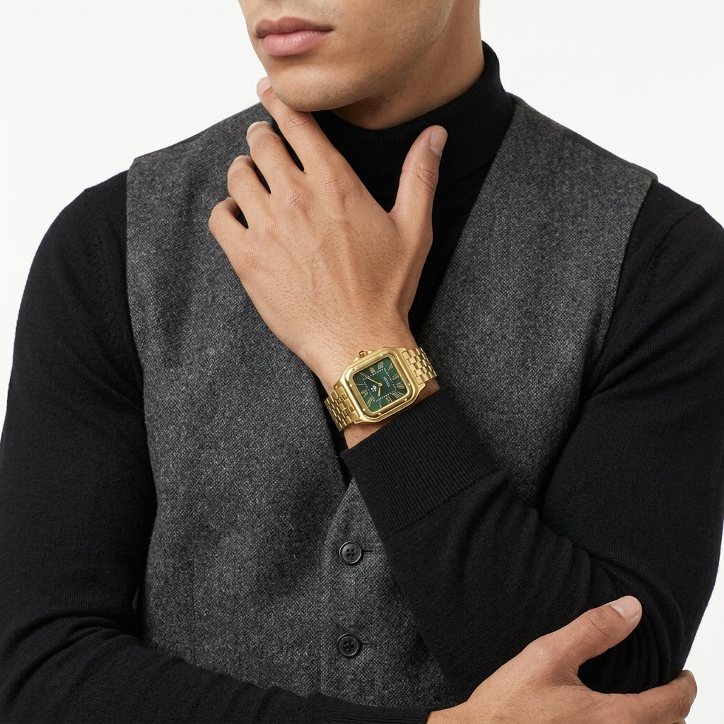 A close-up of a man wearing a gold-tone rectangular watch with a green dial, styled over a black turtleneck and a gray buttoned vest.