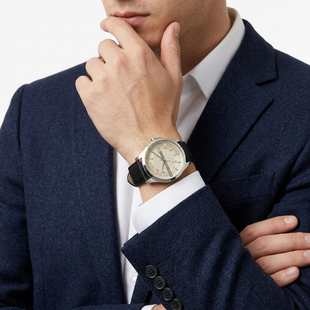 A close-up of a man wearing a navy blue suit jacket, white dress shirt, and a classic wristwatch with a silver-toned case, cream dial, and black strap.