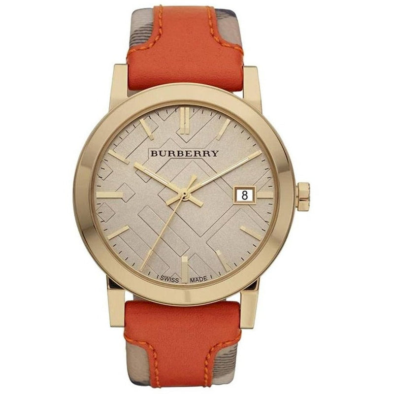 Burberry Women's Swiss Haymarket Check Fabric and Smooth Orange Leather Strap Women's Watch  BU9016 - Watches of Australia