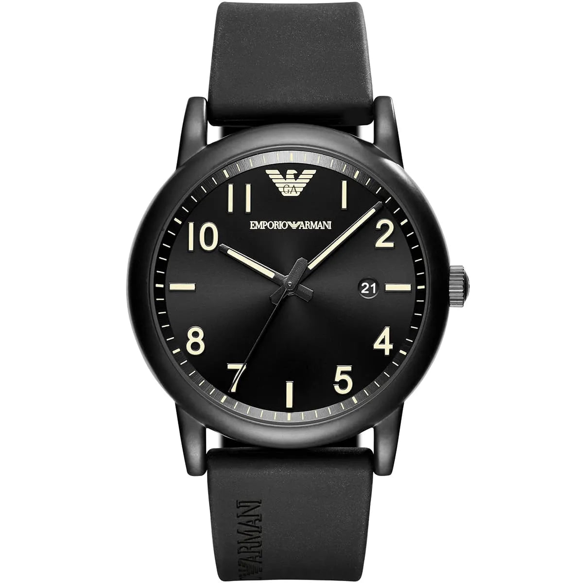 Emporio Armani Luigi Slim black matte dial watch with black rubber strap and gold hour markers
