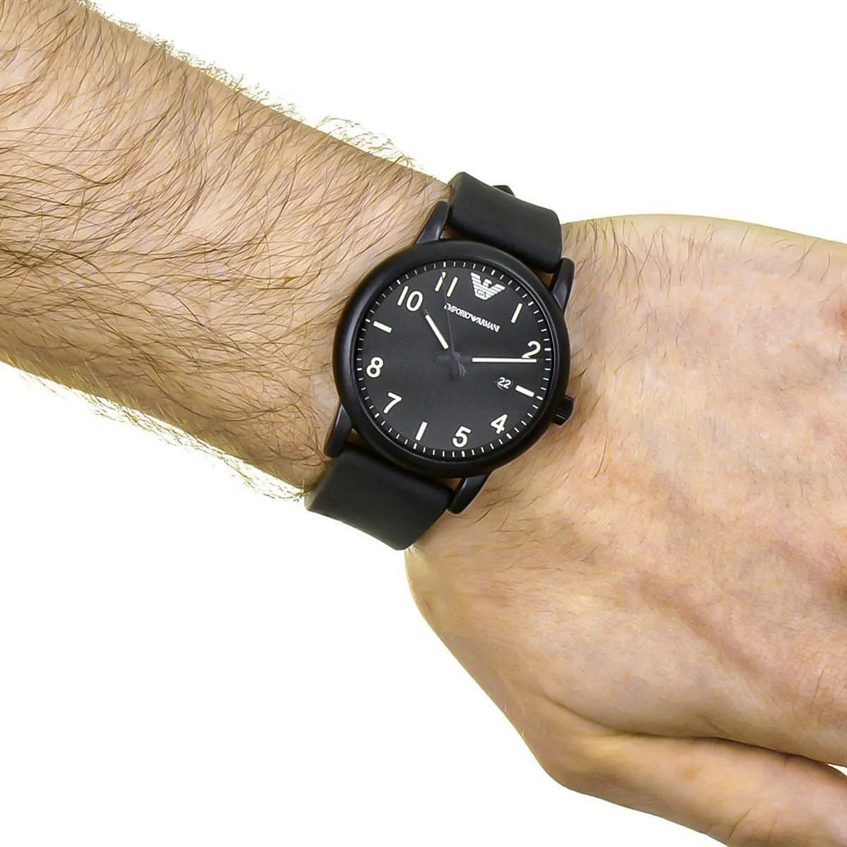 Emporio Armani Luigi Slim black watch worn on wrist with black rubber strap
