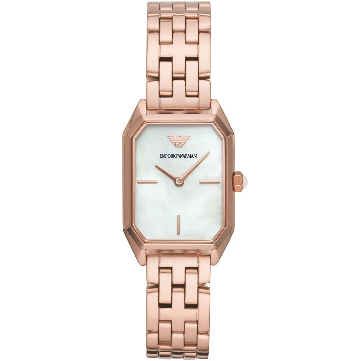 Emporio Armani Giola rose gold women's watch with white mother-of-pearl rectangular dial and rose gold metal strap