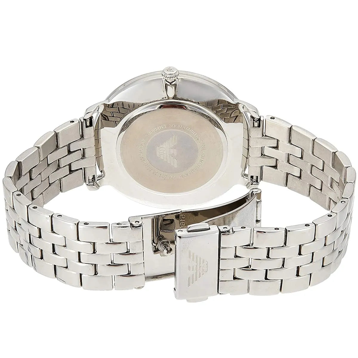 Emporio Armani AR11161 watch back detail showing stainless steel case back and metal bracelet