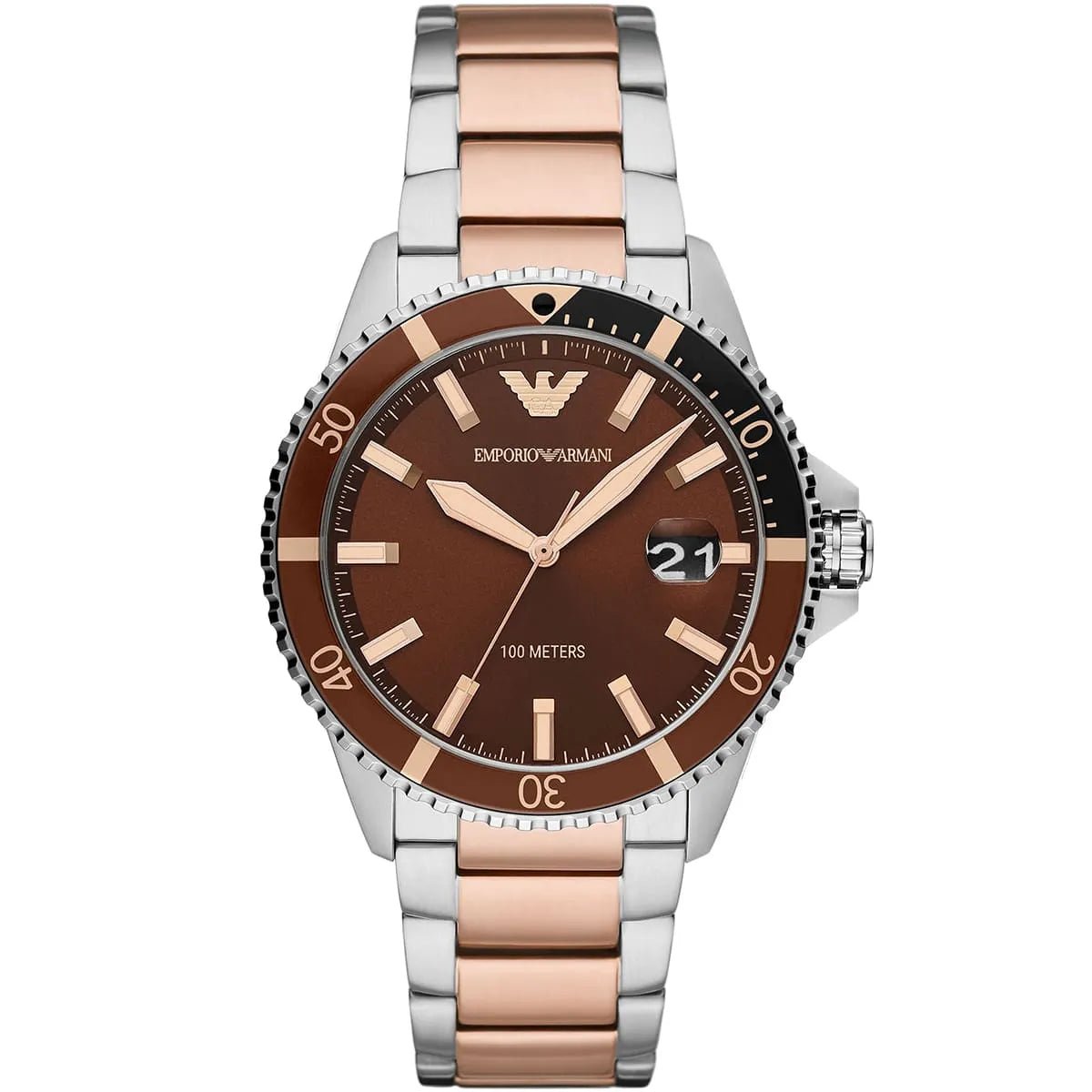 Emporio Armani Sea Explorer AR11340 two-tone watch with brown dial and rotating bezel