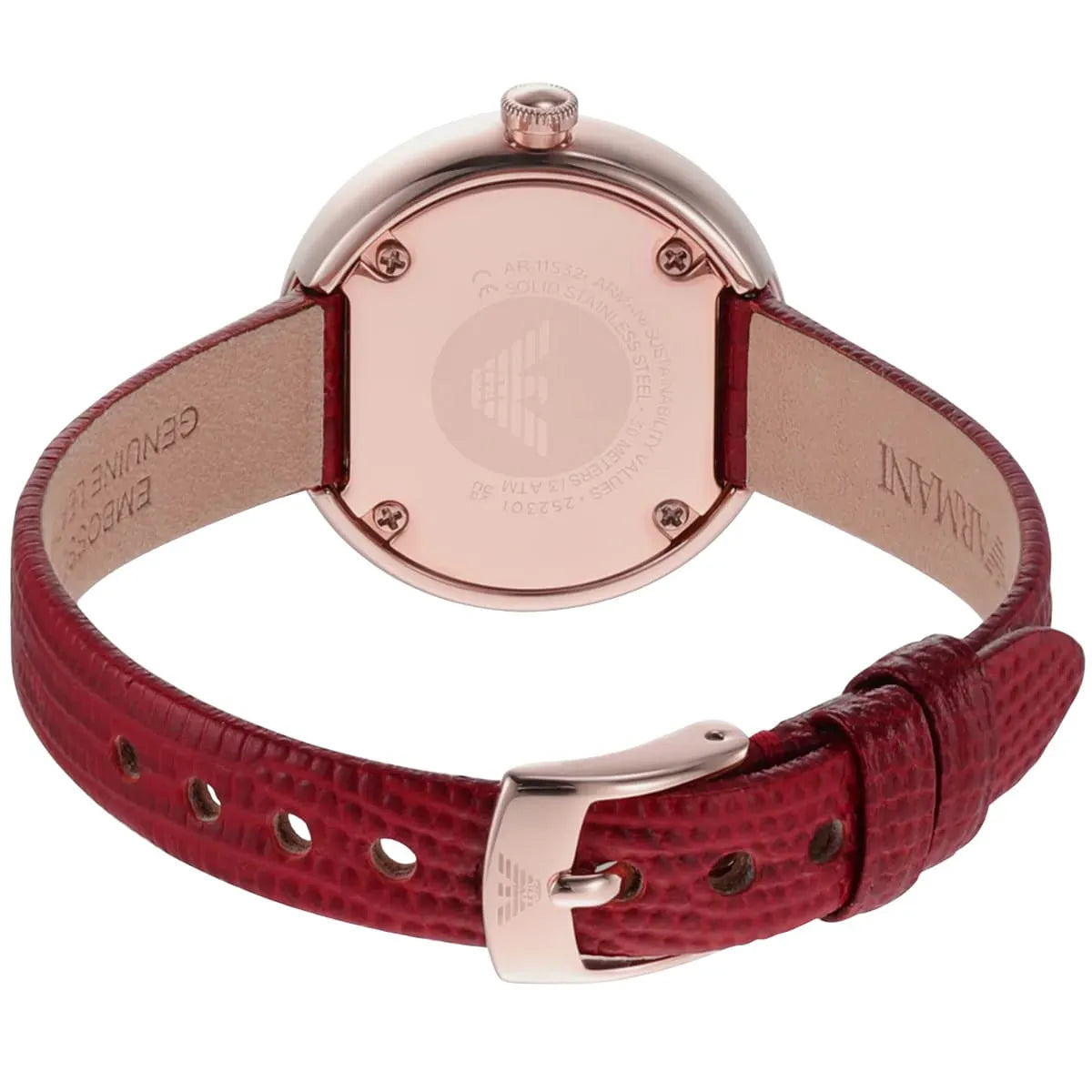 Emporio Armani Rosa watch caseback view with red crocodile-texture leather strap and buckle displayed
