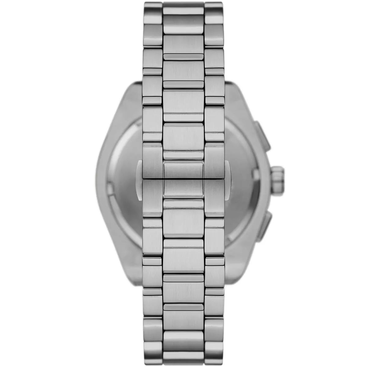 Emporio Armani Federico chronograph watch viewed from below showing bracelet and case back