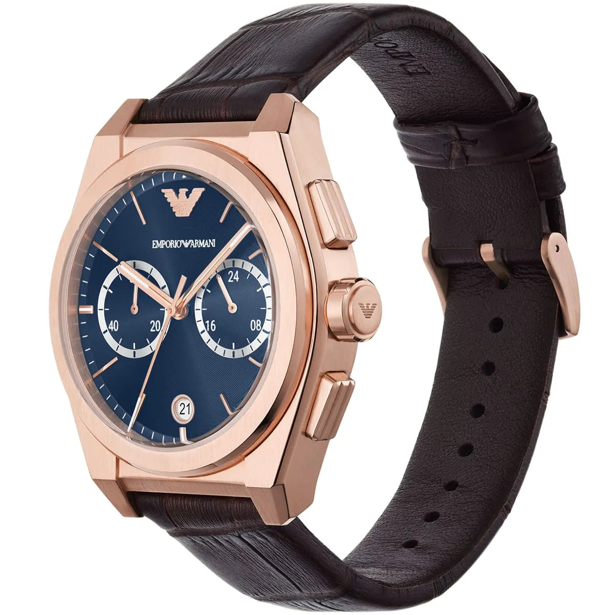 Side angle view of Emporio Armani Federico watch showing case profile and brown leather strap