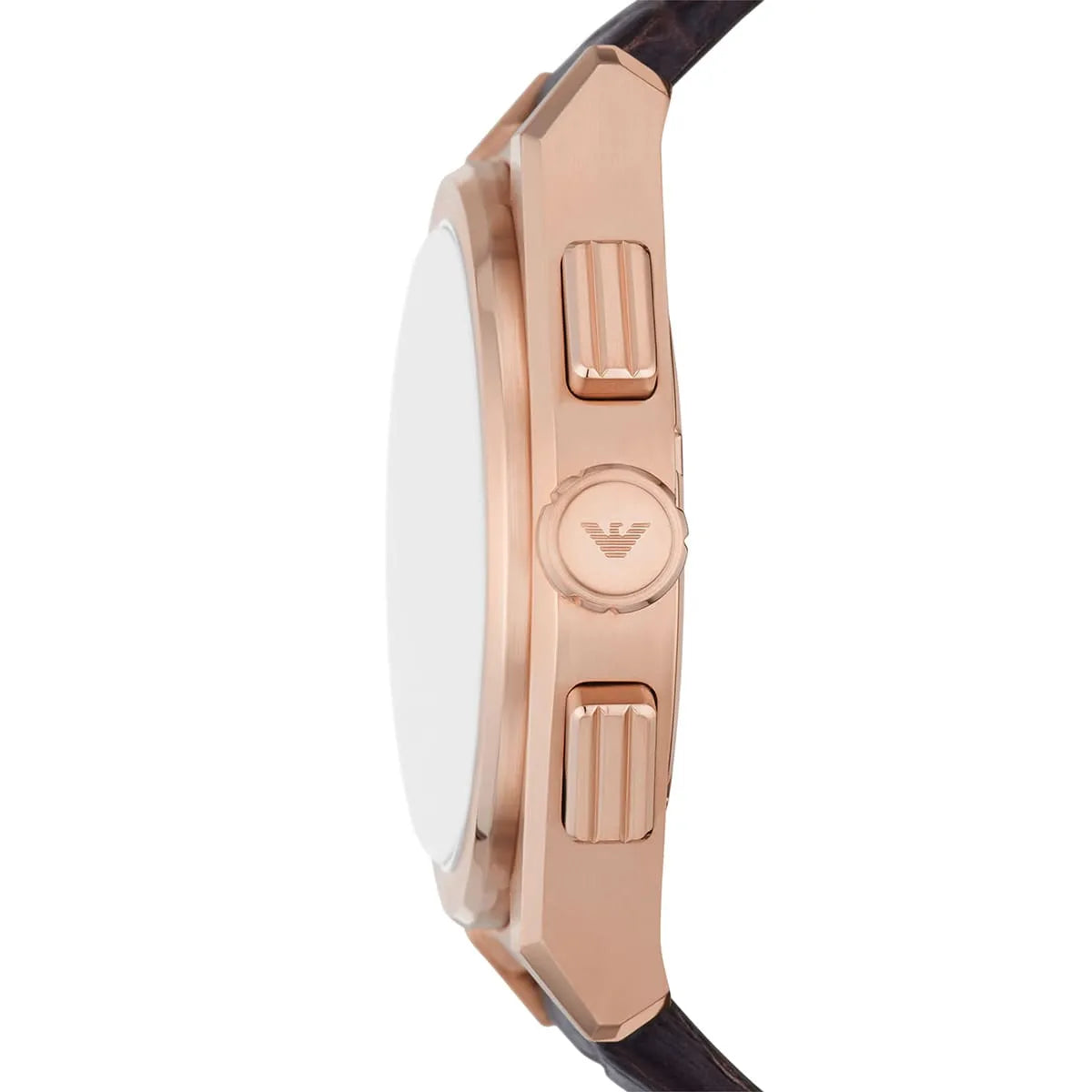 Side profile of Emporio Armani Federico showing rose gold case thickness and chronograph pushers