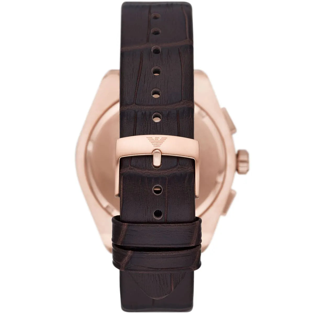Back view of Emporio Armani Federico watch showing brown leather strap with stitching detail