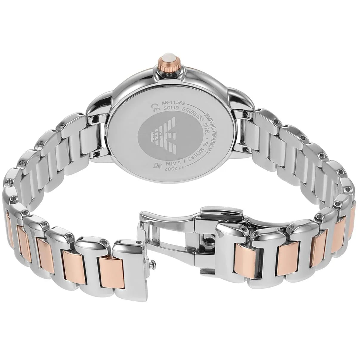 Emporio Armani Mia watch caseback showing Emporio Armani logo and model information