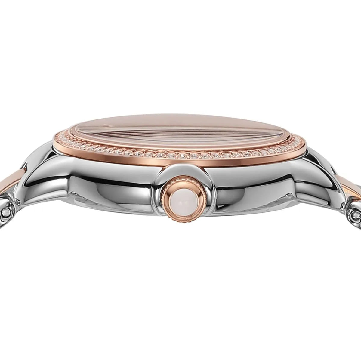 Emporio Armani Mia watch dial detail with crystal bezel and rose gold accents