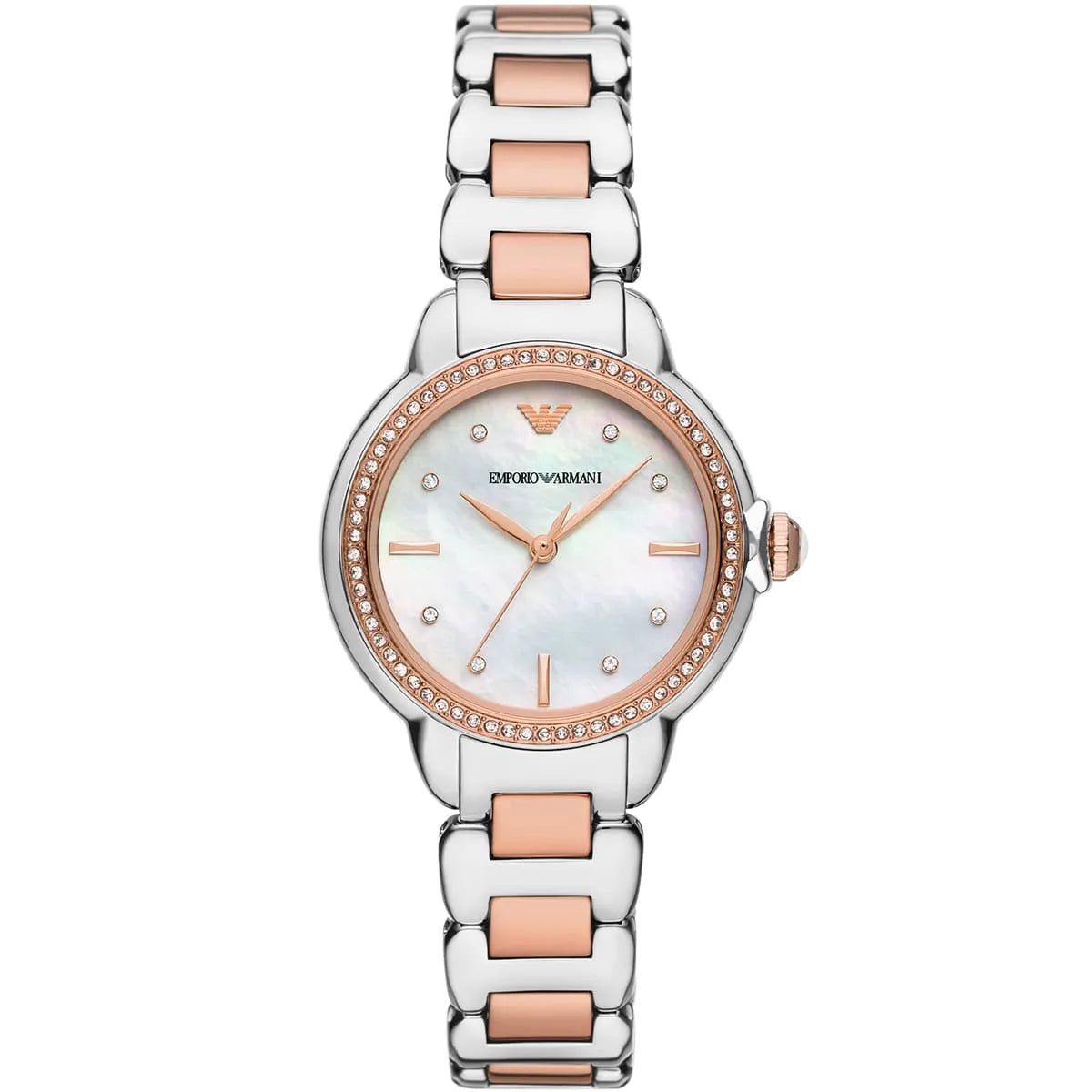 Emporio Armani Mia white MOP dial watch with two-tone silver and rose gold bracelet