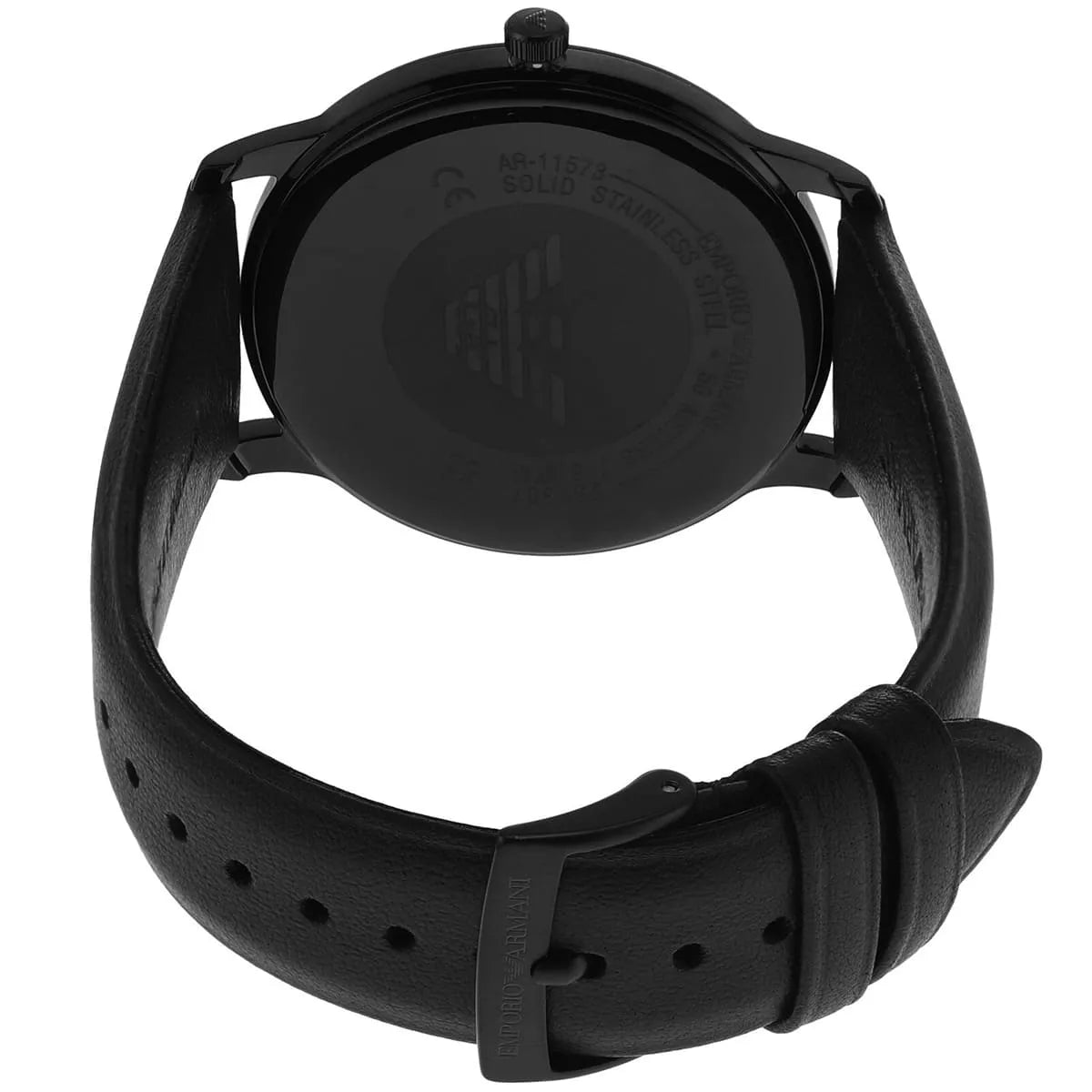 Emporio Armani AR11573 caseback detail with Emporio Armani logo and watch specifications