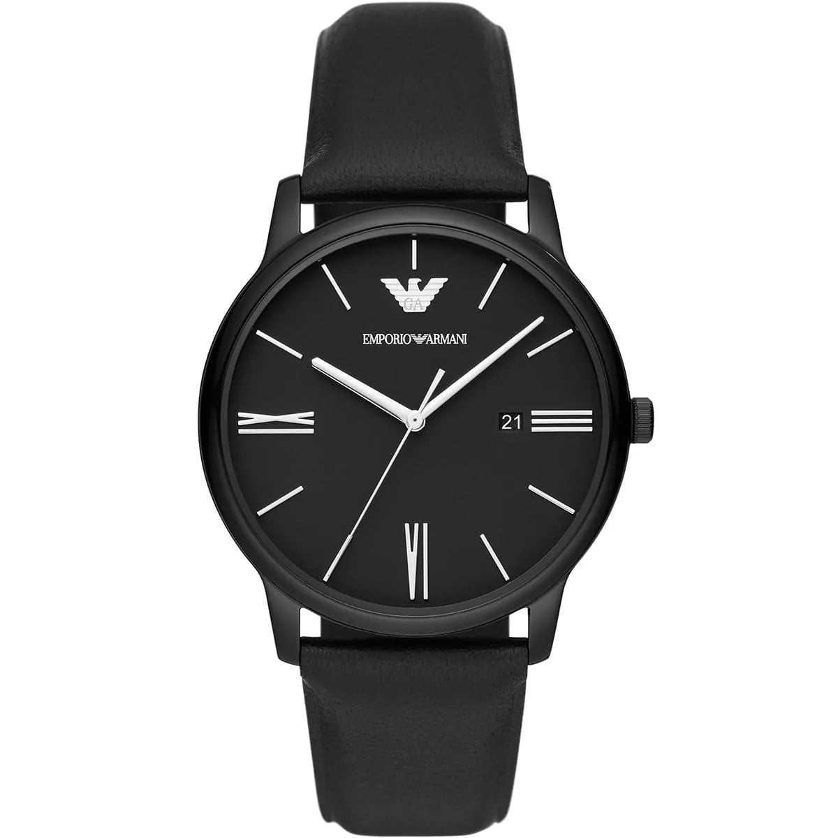 Emporio Armani AR11573 black dial watch with leather strap, three-hand display and date window