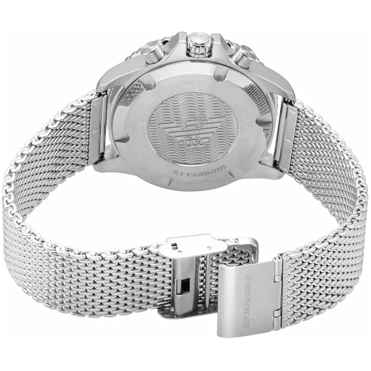 Emporio Armani AR11587 caseback showing stainless steel back and mesh strap clasp