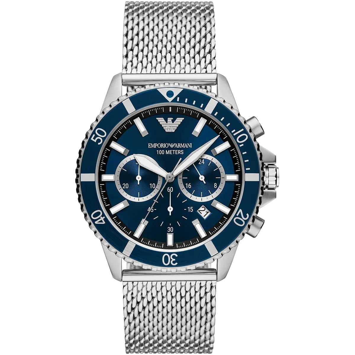 Emporio Armani AR11587 diver chronograph watch with blue dial and silver mesh strap
