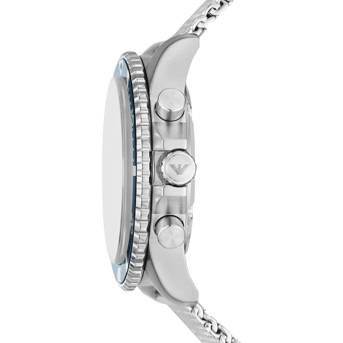 Emporio Armani AR11587 side profile showing case thickness and chronograph pushers
