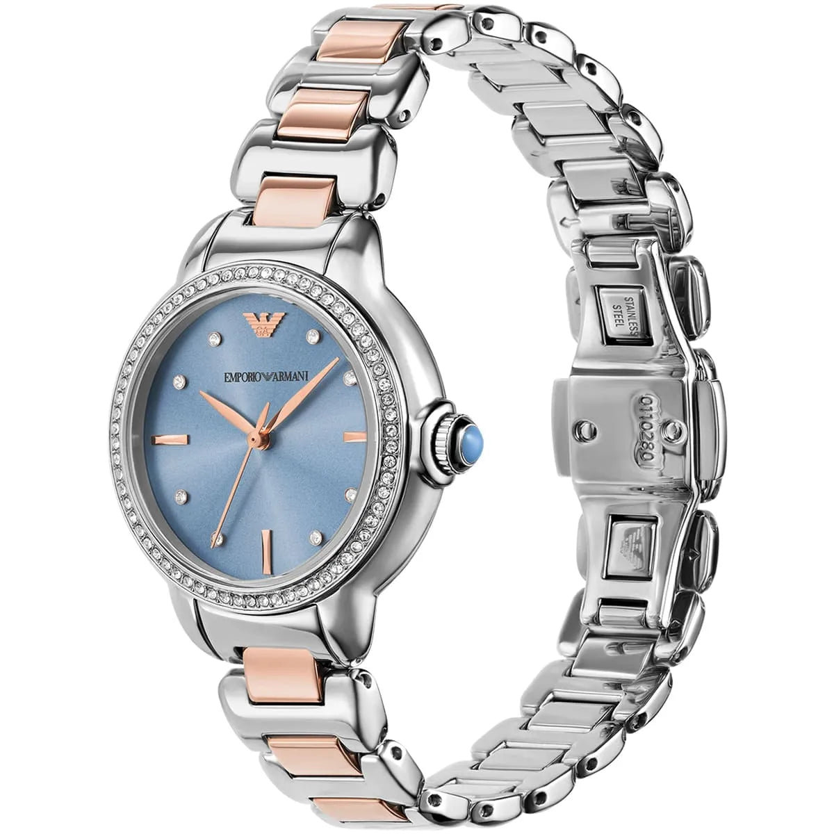 Side and front view of Emporio Armani Mia watch showing two-tone bracelet and case