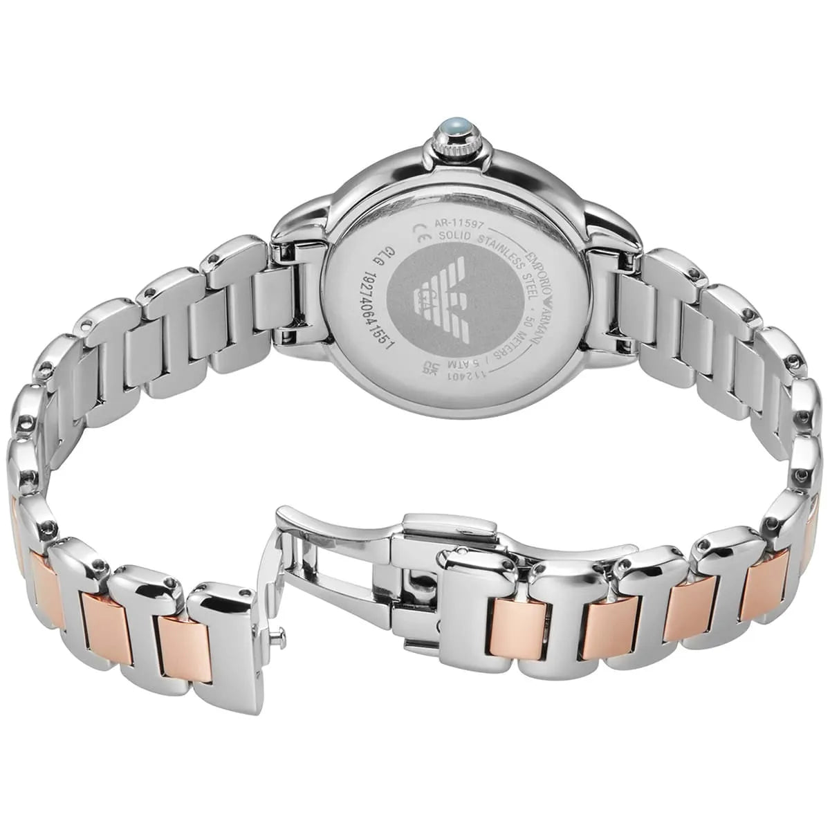 Emporio Armani Mia caseback showing movement and two-tone bracelet from rear