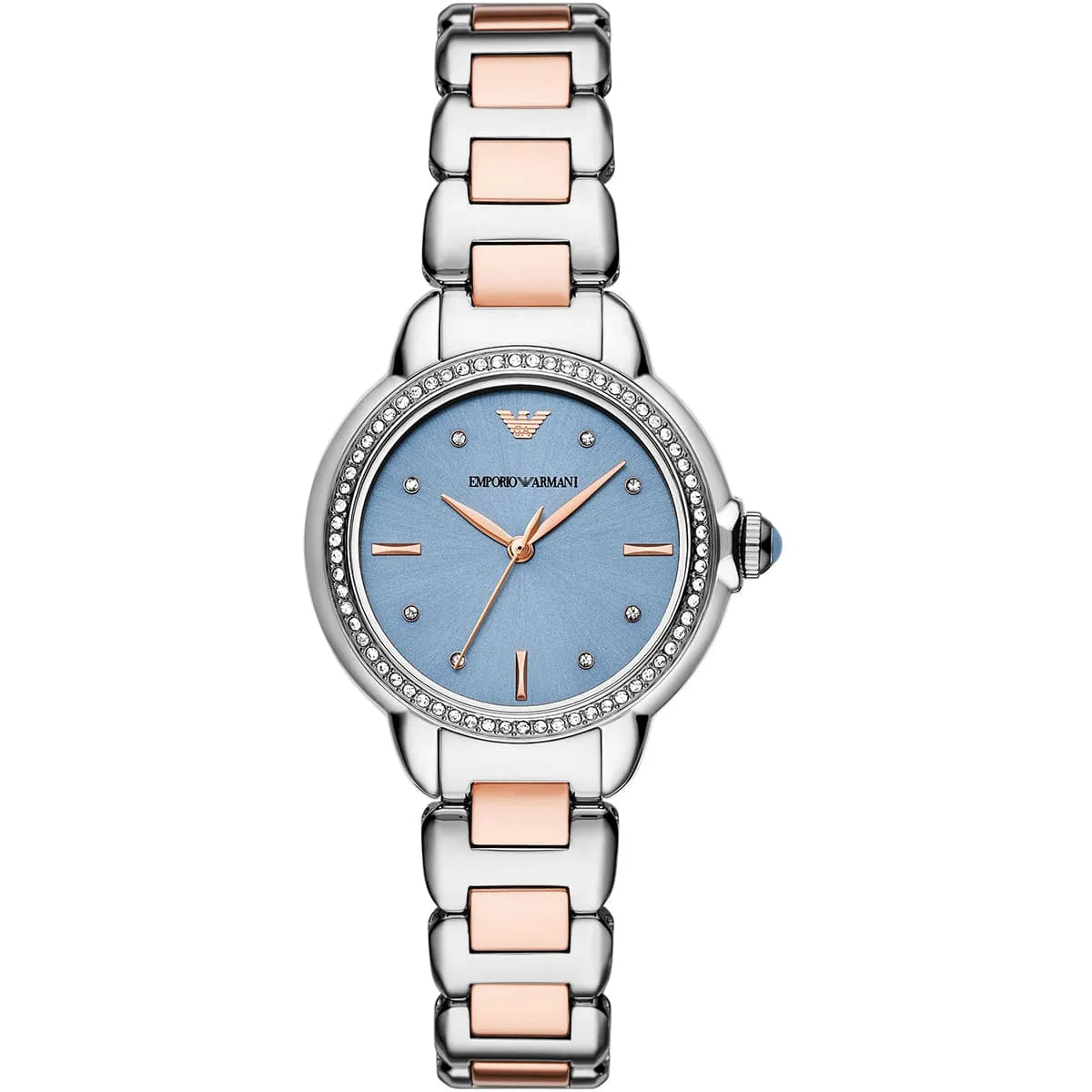 Emporio Armani Mia women's watch with blue sunray dial, two-tone silver and rose gold bracelet