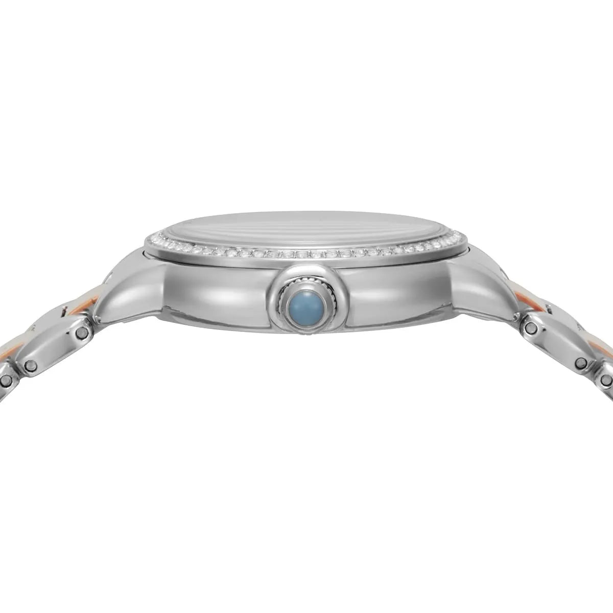 Side profile of Emporio Armani Mia watch with two-tone silver and rose gold bracelet